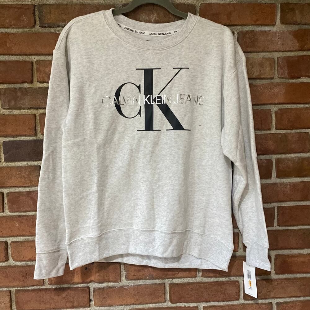 Calvin Klein Jeans Cotton Terry Monogram Pullover Metallic Crewneck Gray Small